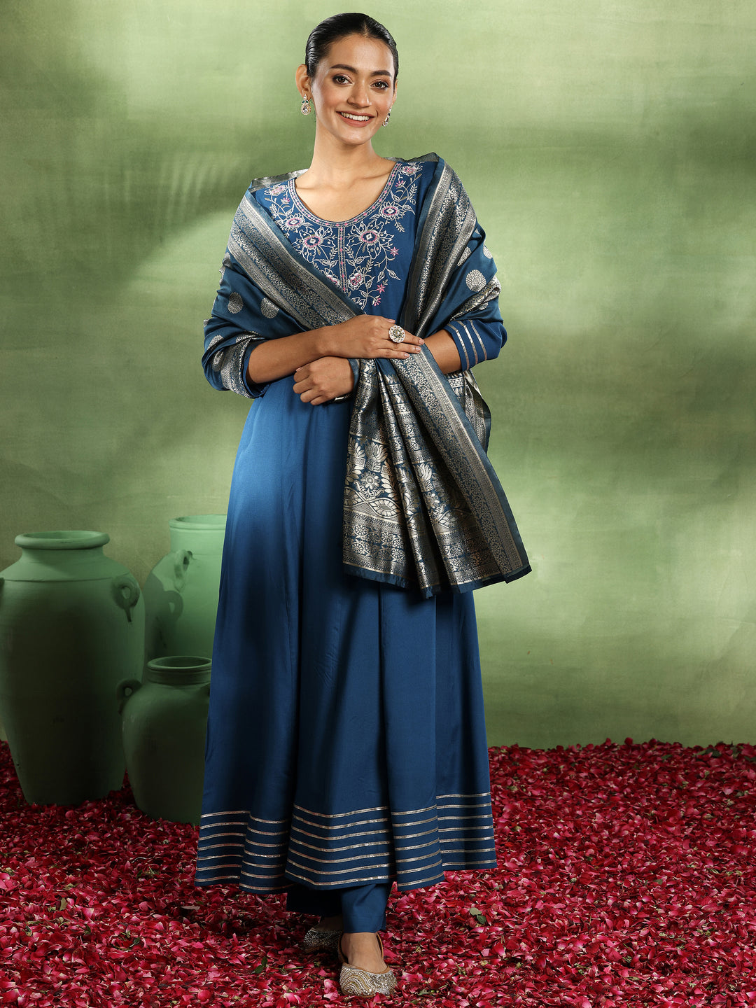 Blue Yoke Design Rayon Anarkali Suit With Dupatta