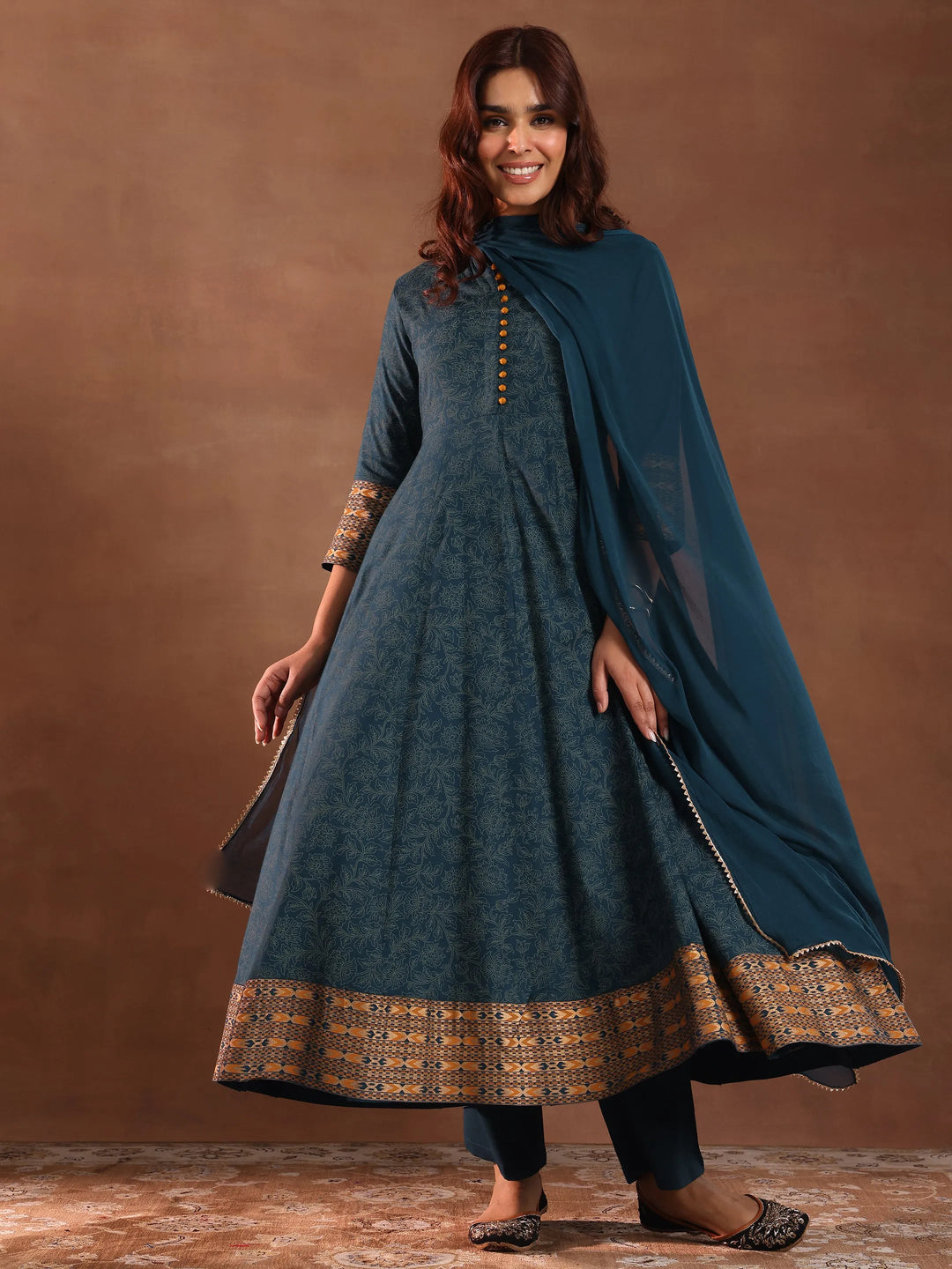 Teal Printed Rayon Anarkali Suit With Dupatta