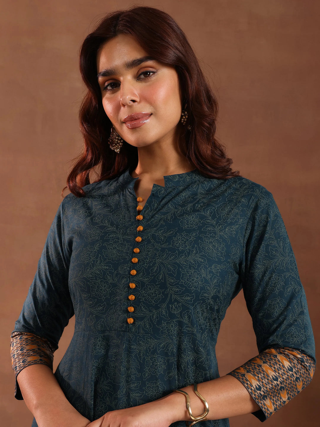  Teal Printed Rayon Anarkali Suit With Dupatta 