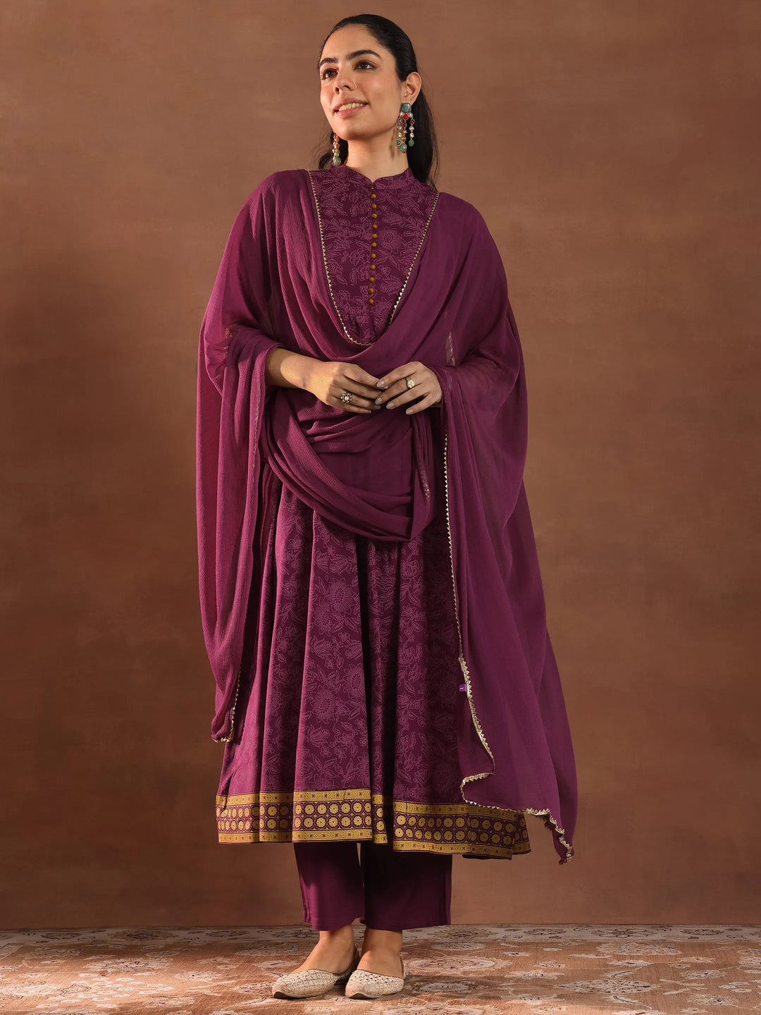  Burgundy Printed Rayon Anarkali Suit With Dupatta 