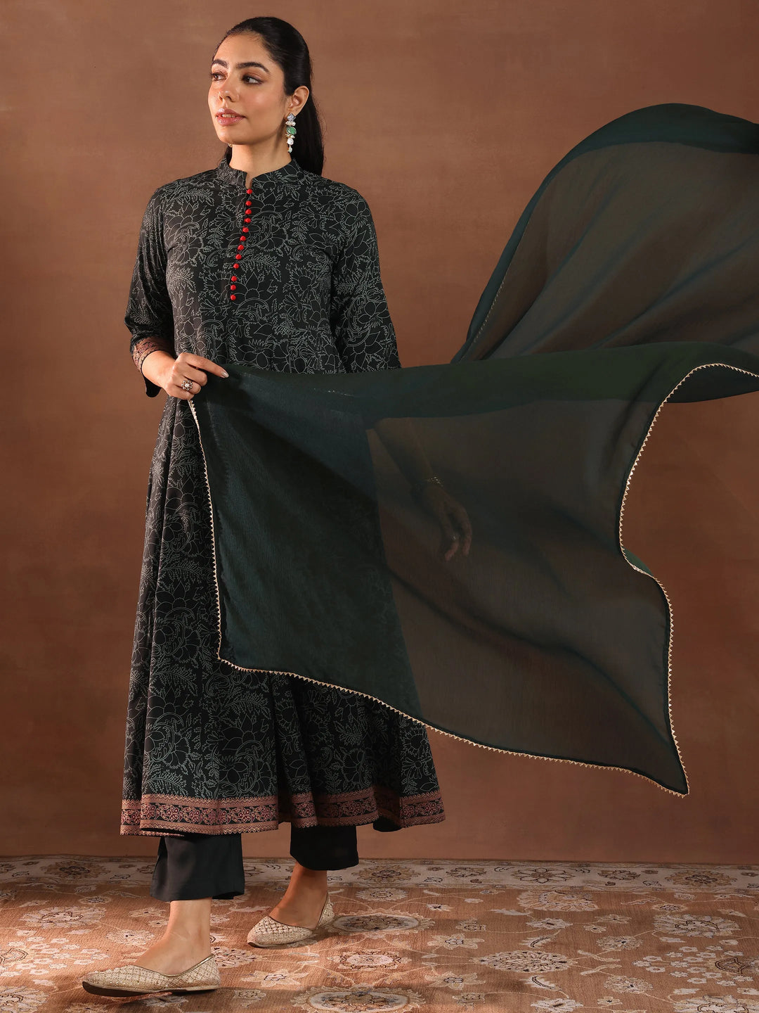  Green Printed Rayon Anarkali Suit With Dupatta 