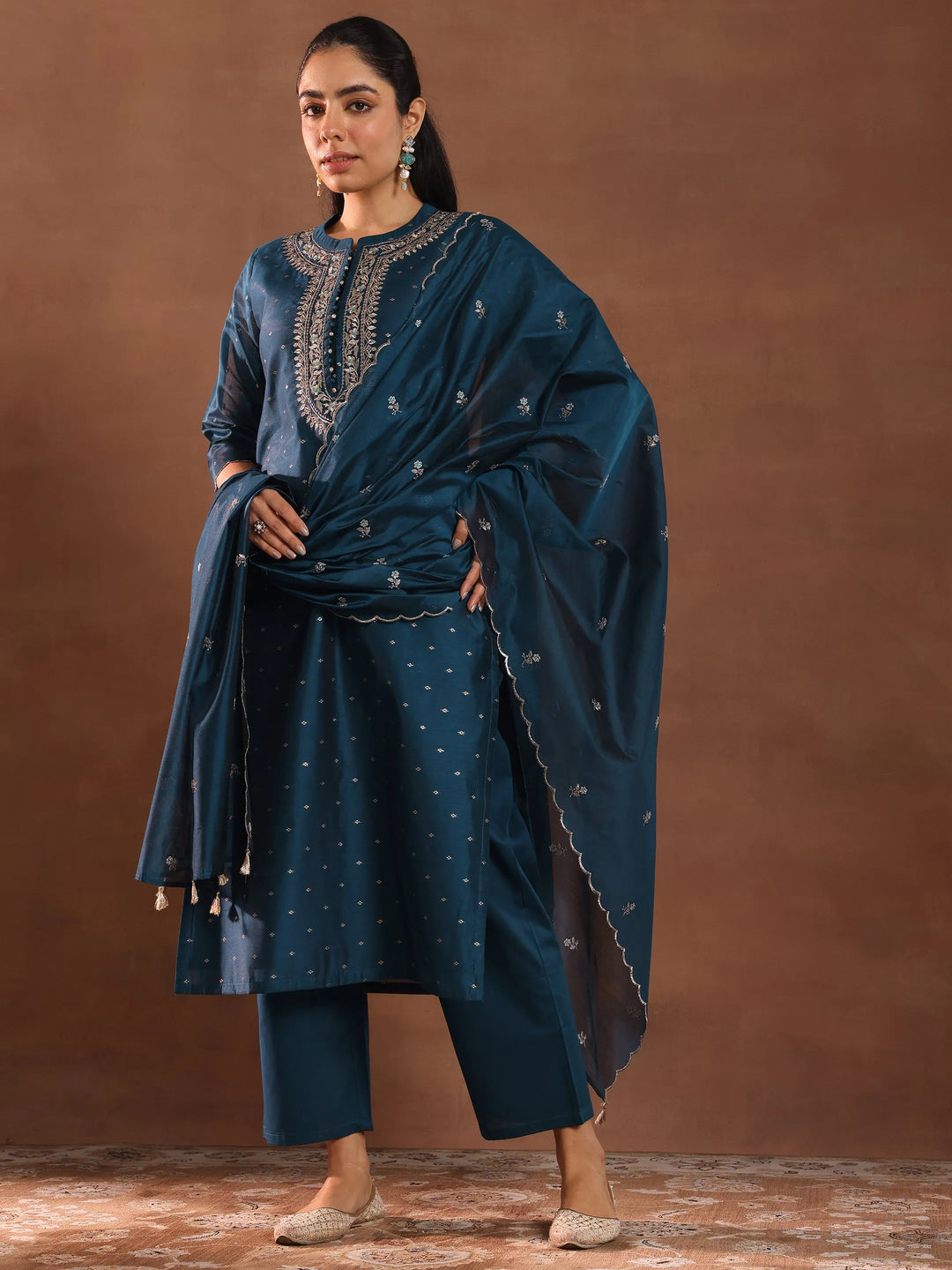  Navy Blue Woven Design Chanderi Silk Straight Suit With Dupatta 