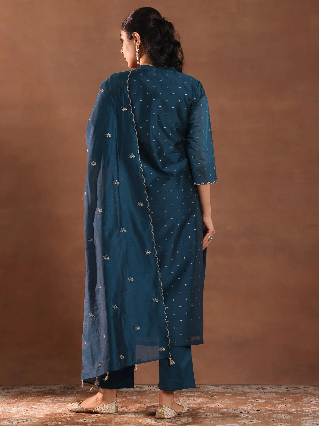  Teal Woven Design Chanderi Silk Straight Suit With Dupatta 