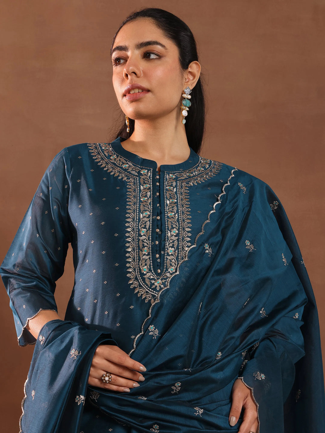  Teal Woven Design Chanderi Silk Straight Suit With Dupatta 