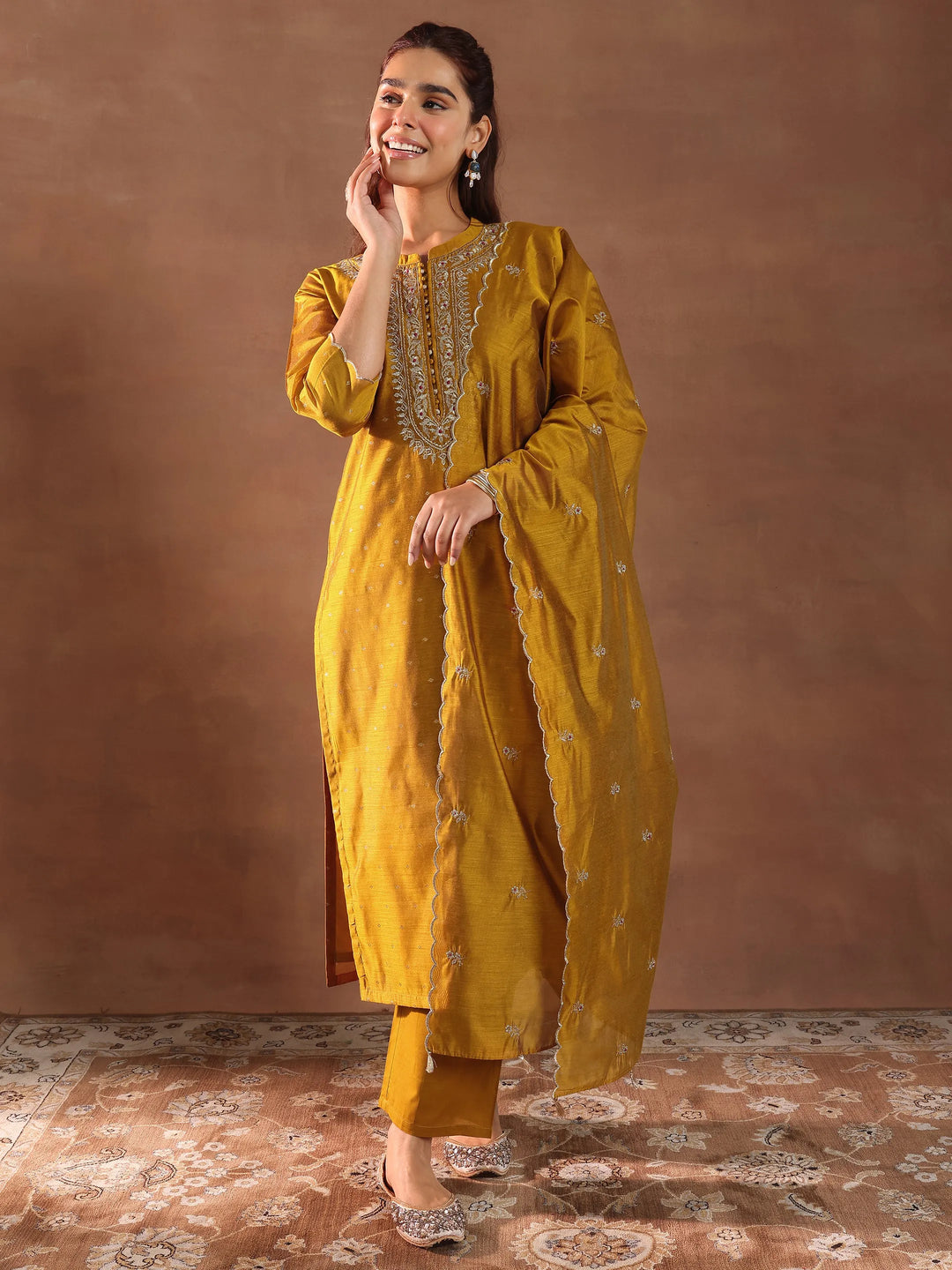  Mustard Woven Design Chanderi Silk Straight Suit With Dupatta 