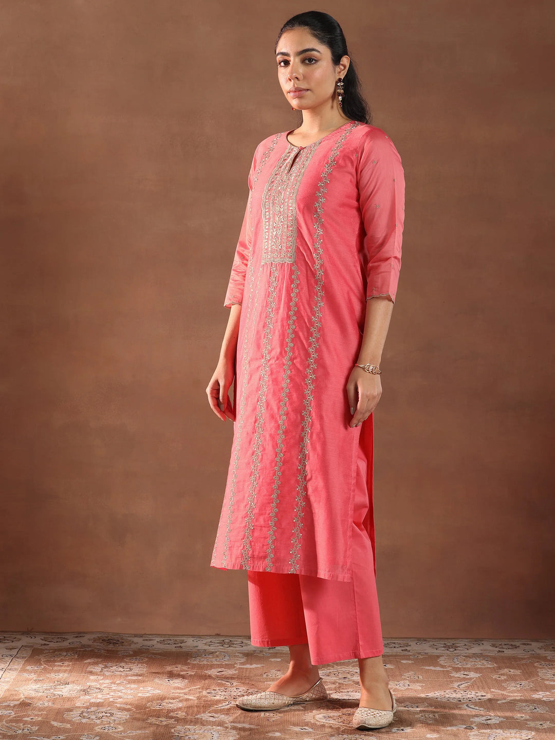  Coral Embroidered Chanderi Silk Straight Suit With Dupatta 