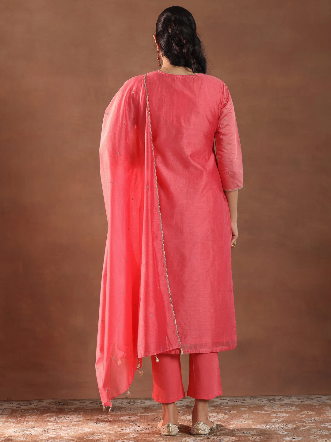  Coral Embroidered Chanderi Silk Straight Suit With Dupatta 