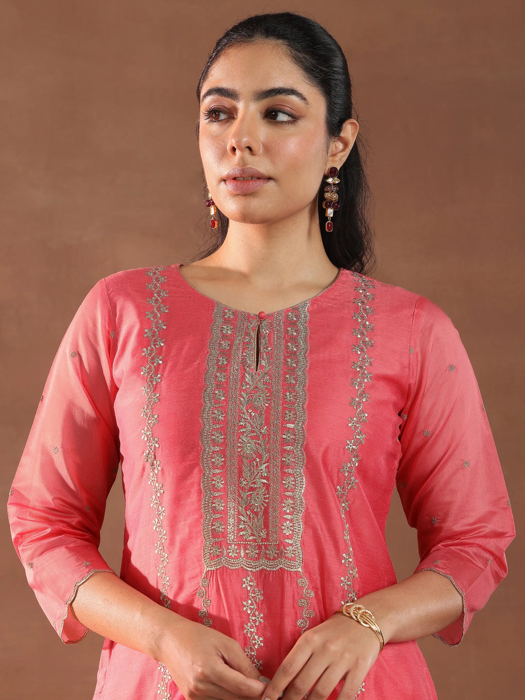  Coral Embroidered Chanderi Silk Straight Suit With Dupatta 