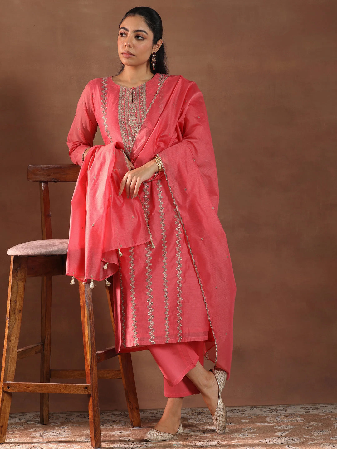  Coral Embroidered Chanderi Silk Straight Suit With Dupatta 