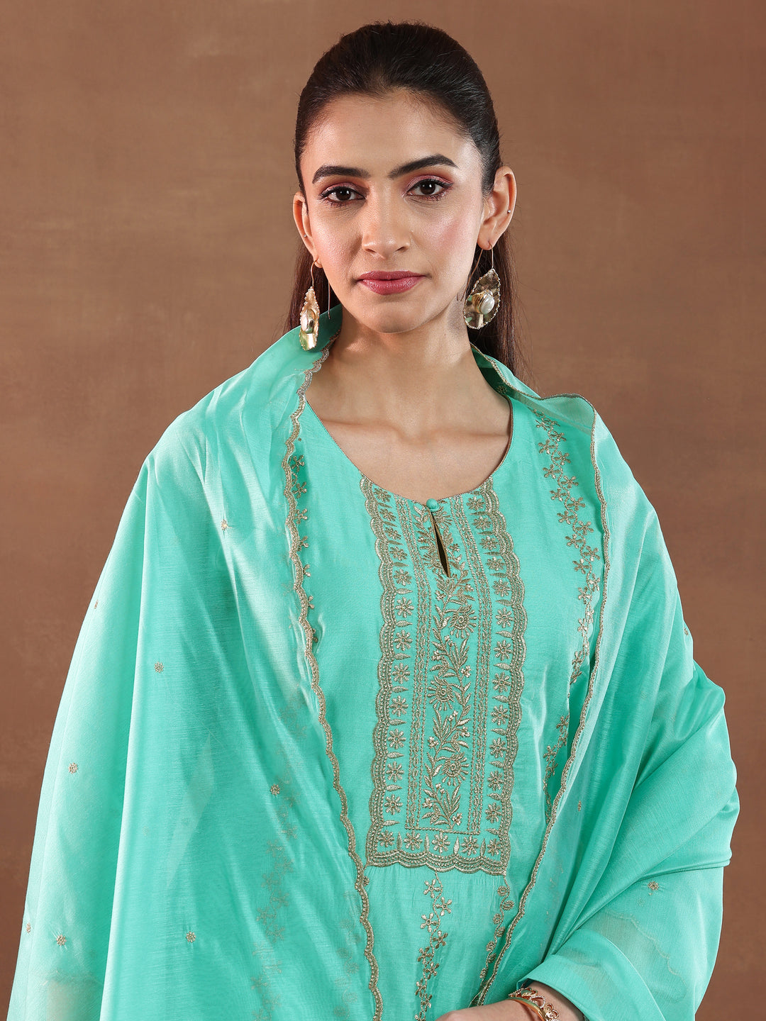  Turquoise Embroidered Chanderi Silk Straight Suit With Dupatta-color issue 