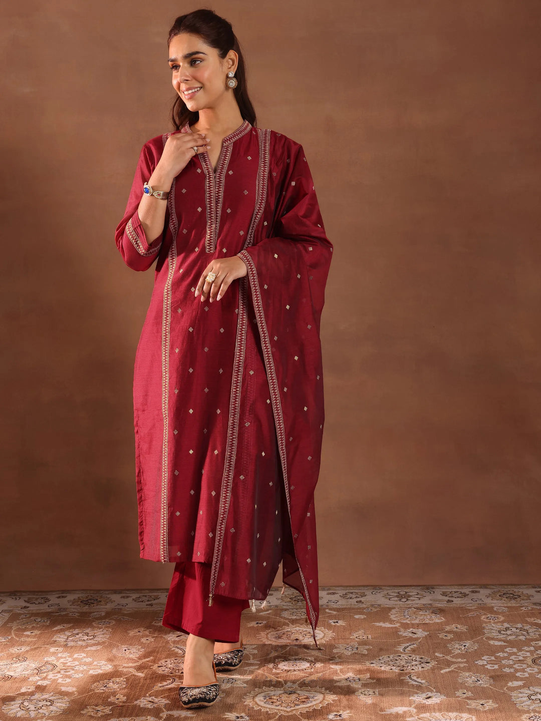 Maroon Woven Design Chanderi Silk Straight Suit With Dupatta