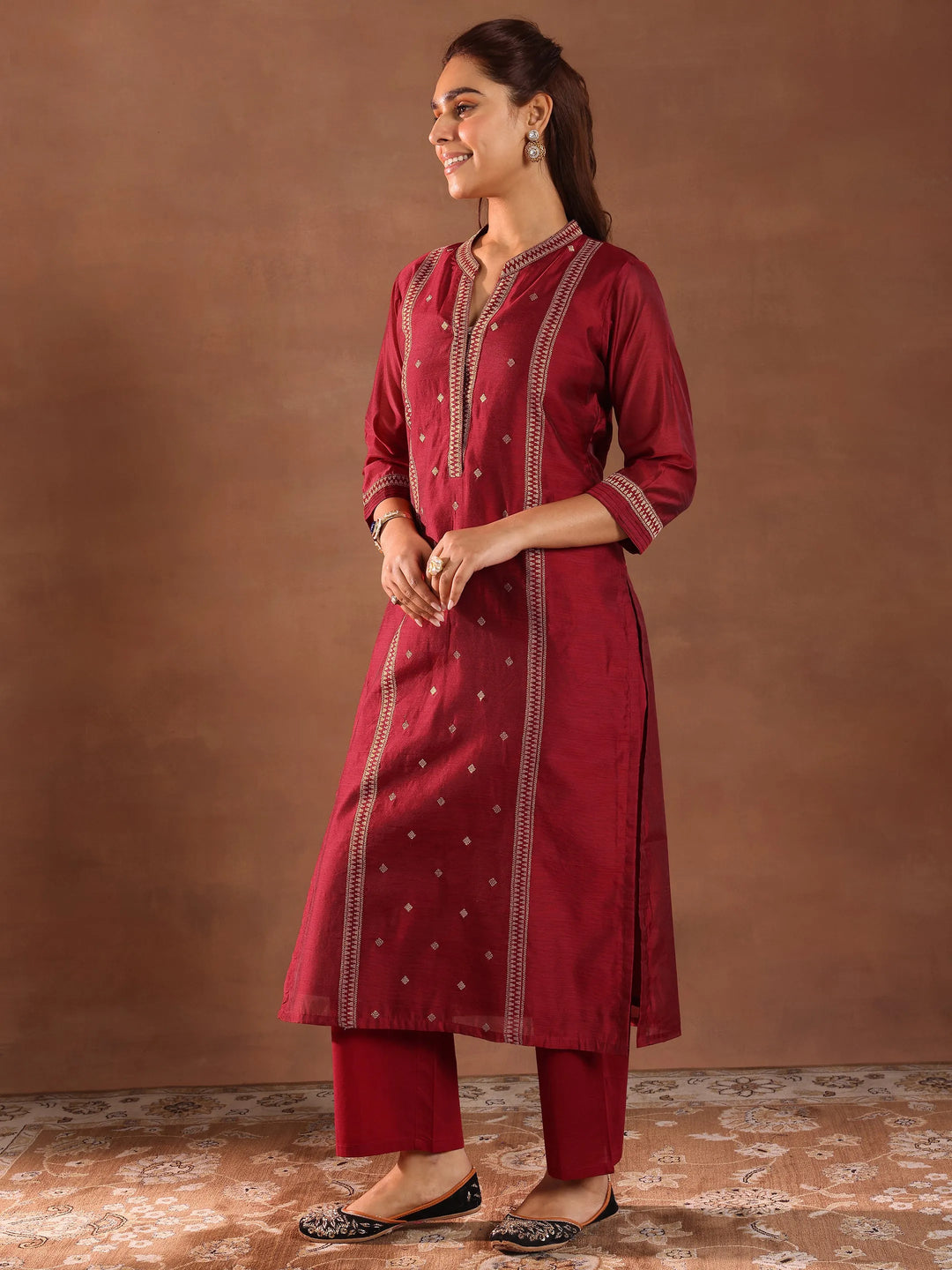  Maroon Woven Design Chanderi Silk Straight Suit With Dupatta 