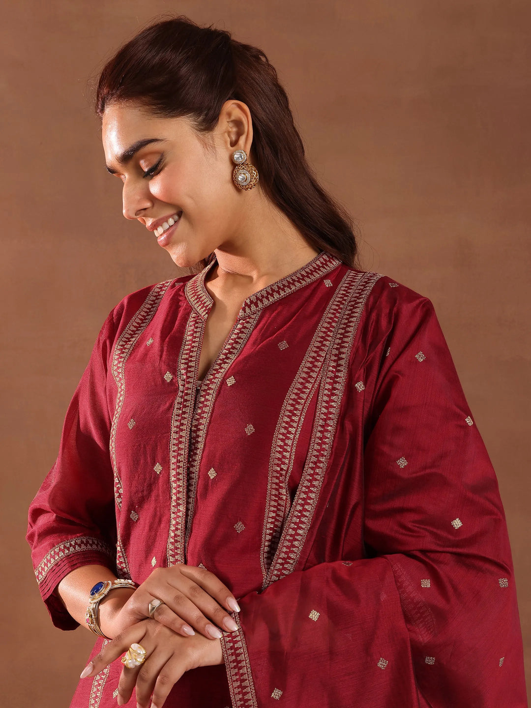  Maroon Woven Design Chanderi Silk Straight Suit With Dupatta 