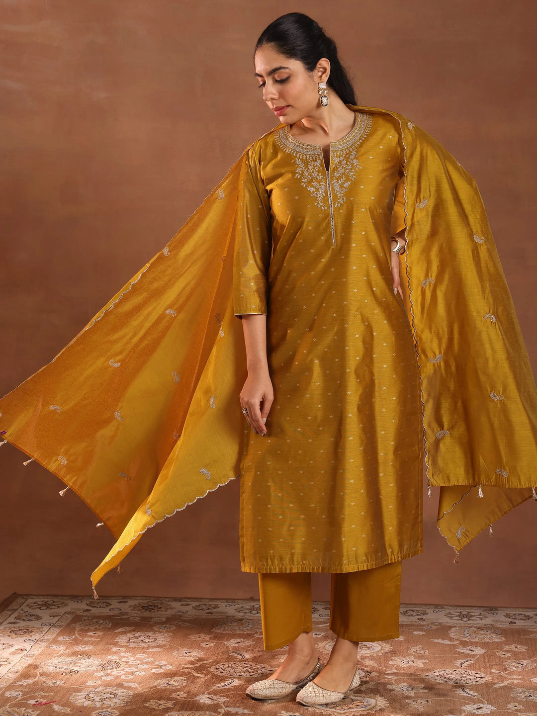  Mustard Woven Design Chanderi Silk Straight Suit With Dupatta 