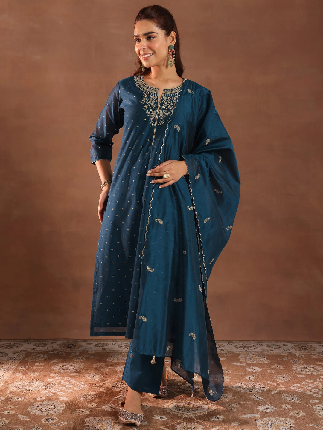  Teal Woven Design Chanderi Silk Straight Suit With Dupatta 