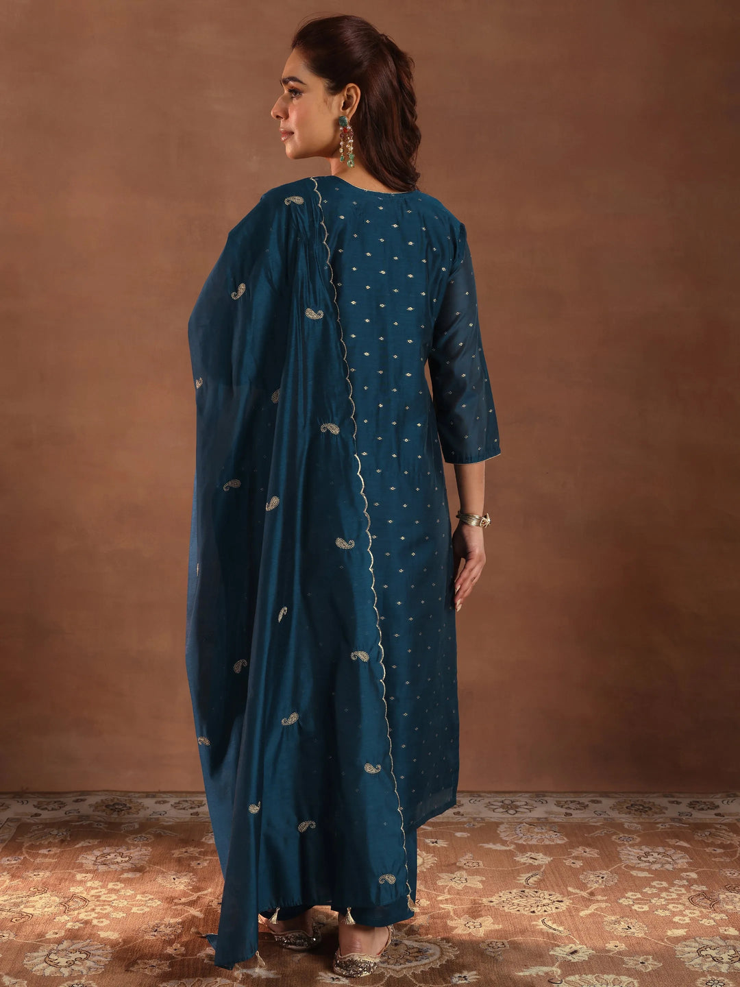  Teal Woven Design Chanderi Silk Straight Suit With Dupatta 