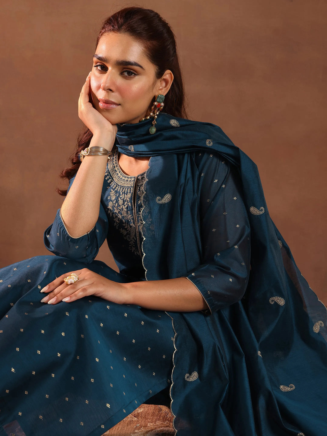  Teal Woven Design Chanderi Silk Straight Suit With Dupatta 