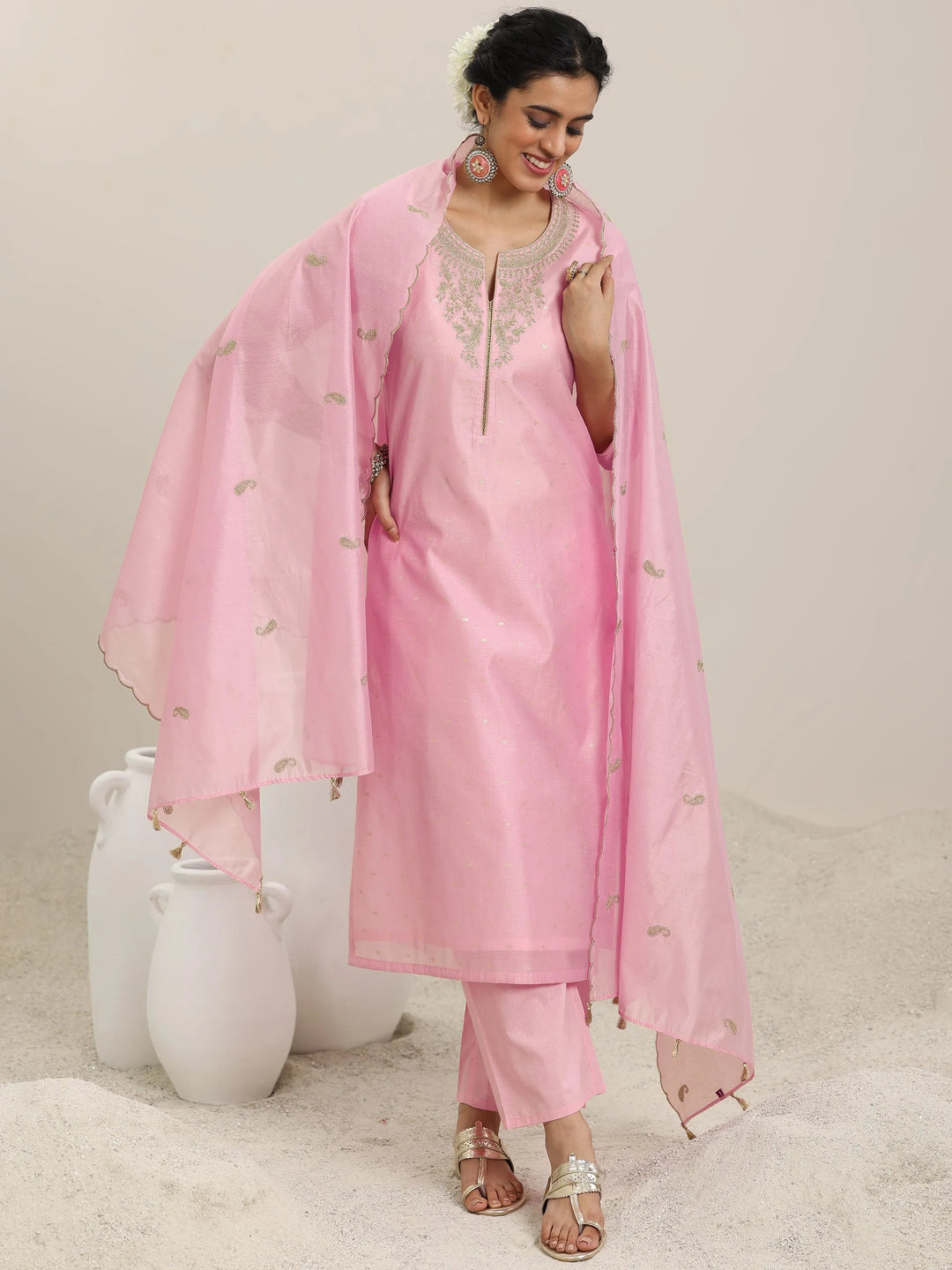 Pink Woven Design Chanderi Silk Straight Suit With Dupatta