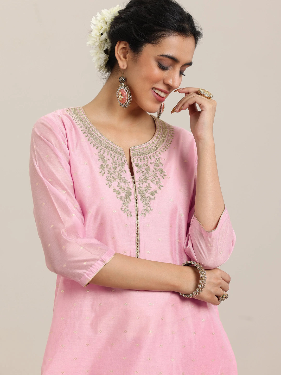  Pink Woven Design Chanderi Silk Straight Suit With Dupatta 