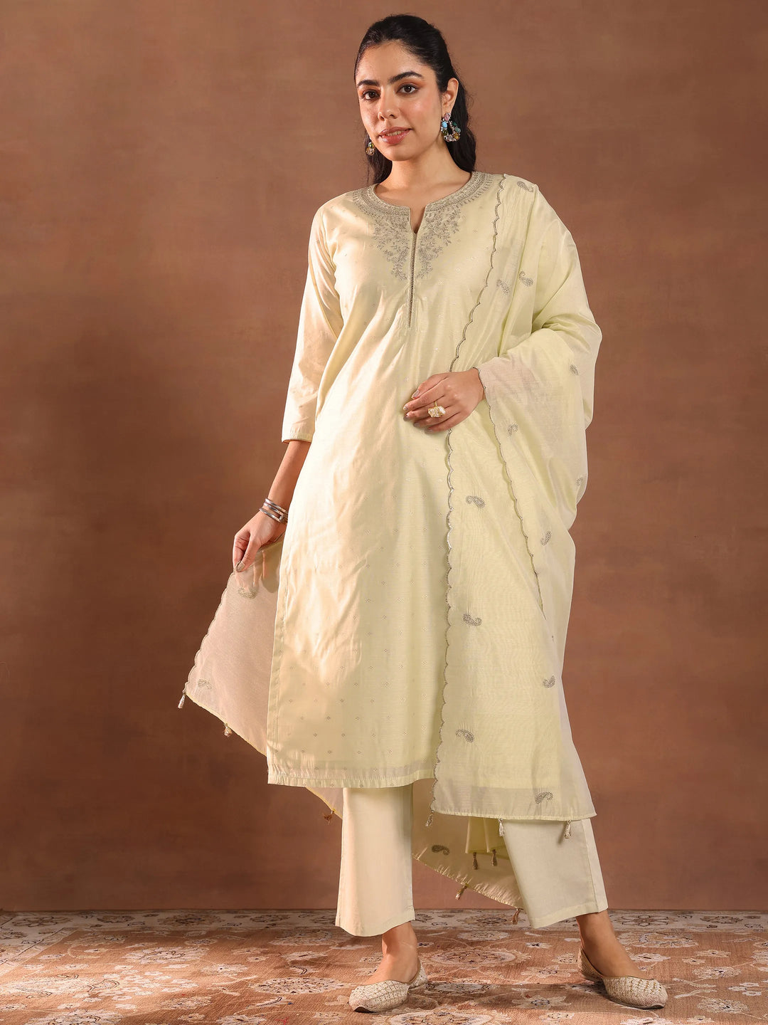  Cream Woven Design Chanderi Silk Straight Suit With Dupatta 