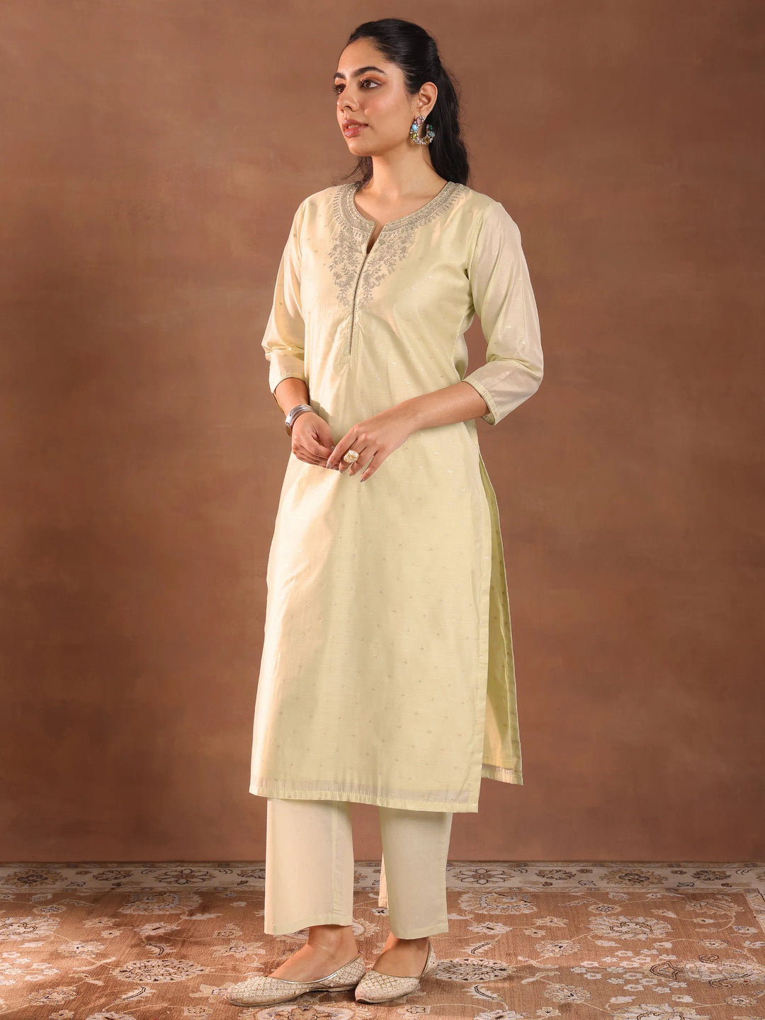  Cream Woven Design Chanderi Silk Straight Suit With Dupatta 