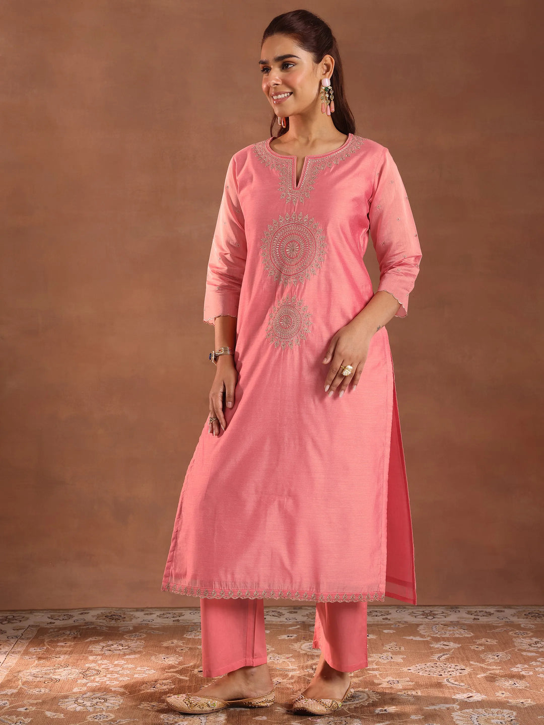  Peach Embroidered Chanderi Silk Straight Suit With Dupatta 