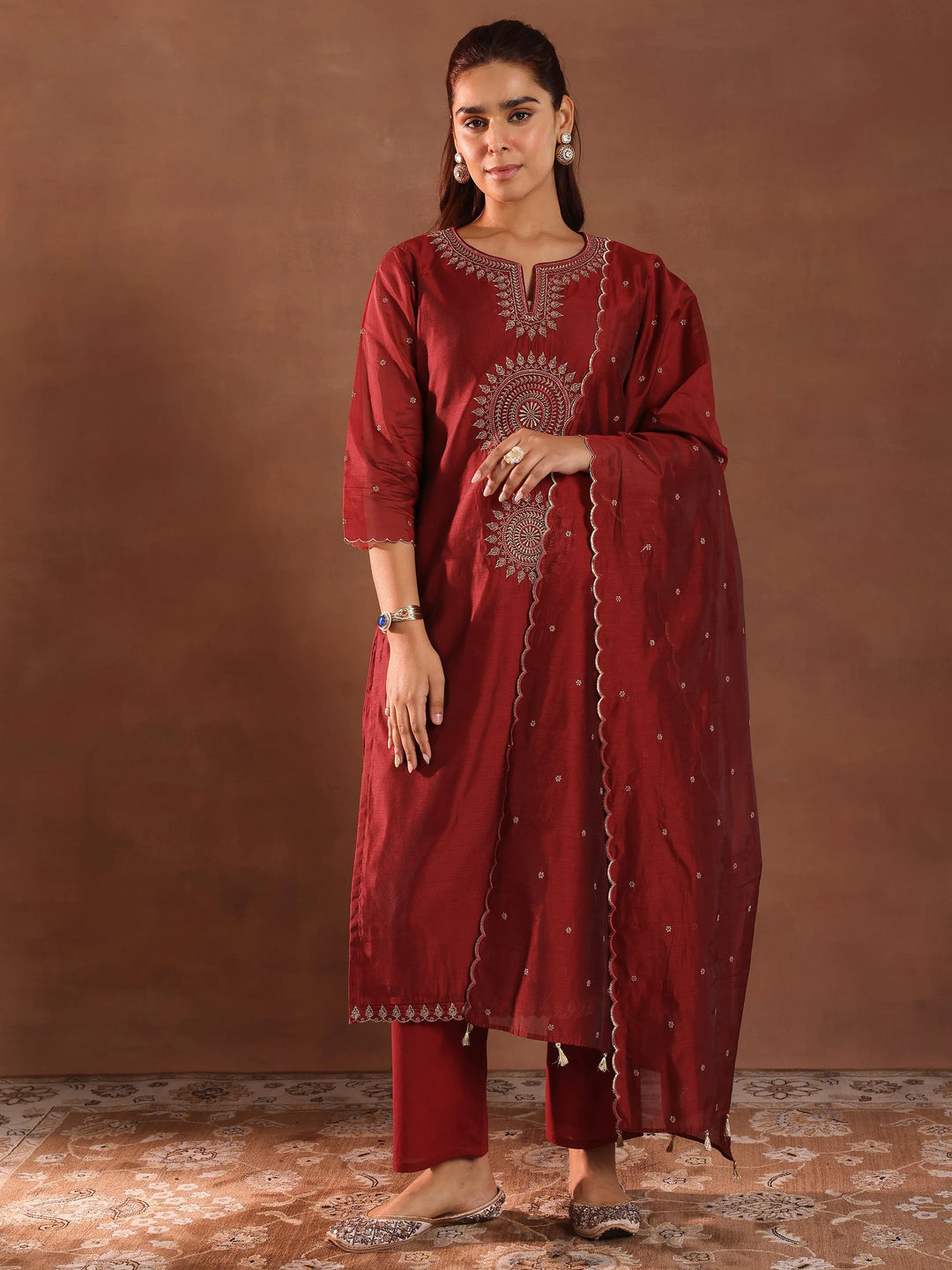  Maroon Embroidered Chanderi Silk Straight Suit With Dupatta 