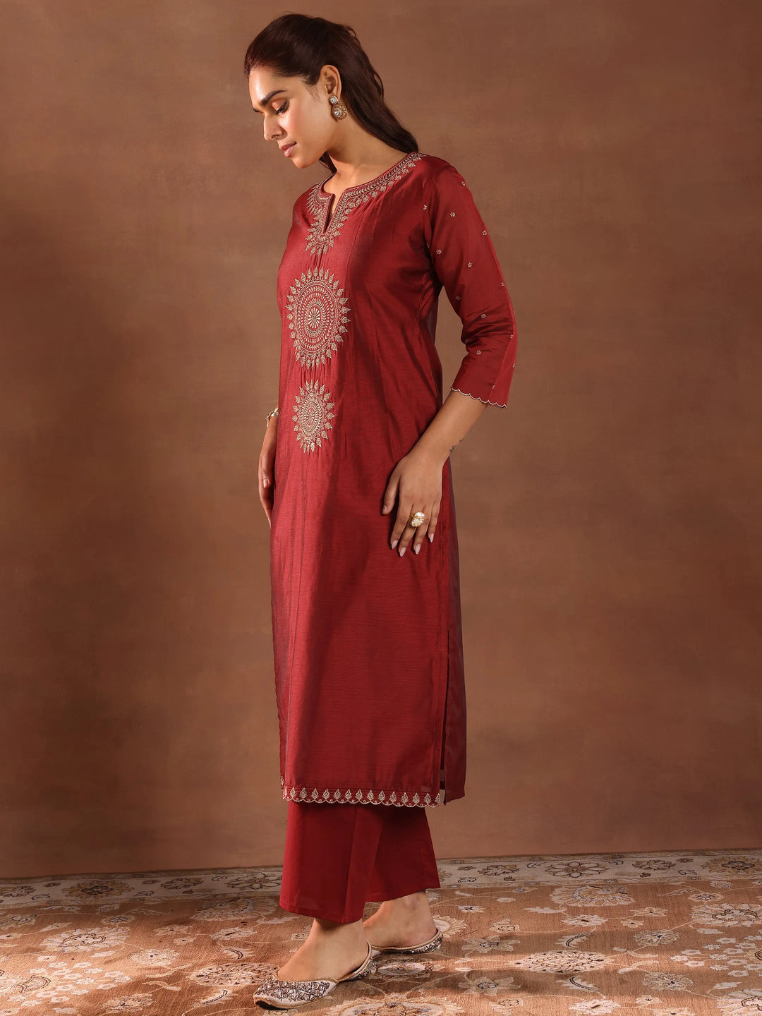  Maroon Embroidered Chanderi Silk Straight Suit With Dupatta 