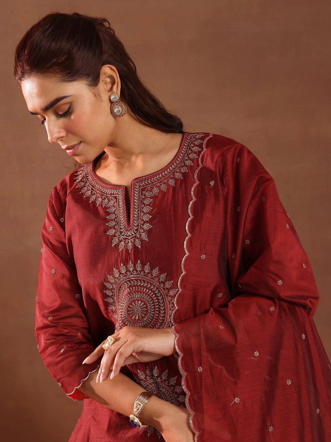  Maroon Embroidered Chanderi Silk Straight Suit With Dupatta 