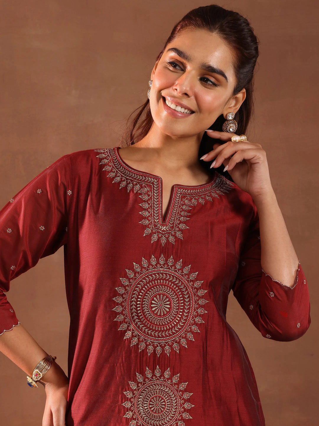  Maroon Embroidered Chanderi Silk Straight Suit With Dupatta 