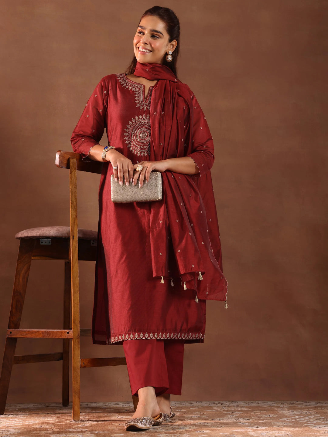  Maroon Embroidered Chanderi Silk Straight Suit With Dupatta 