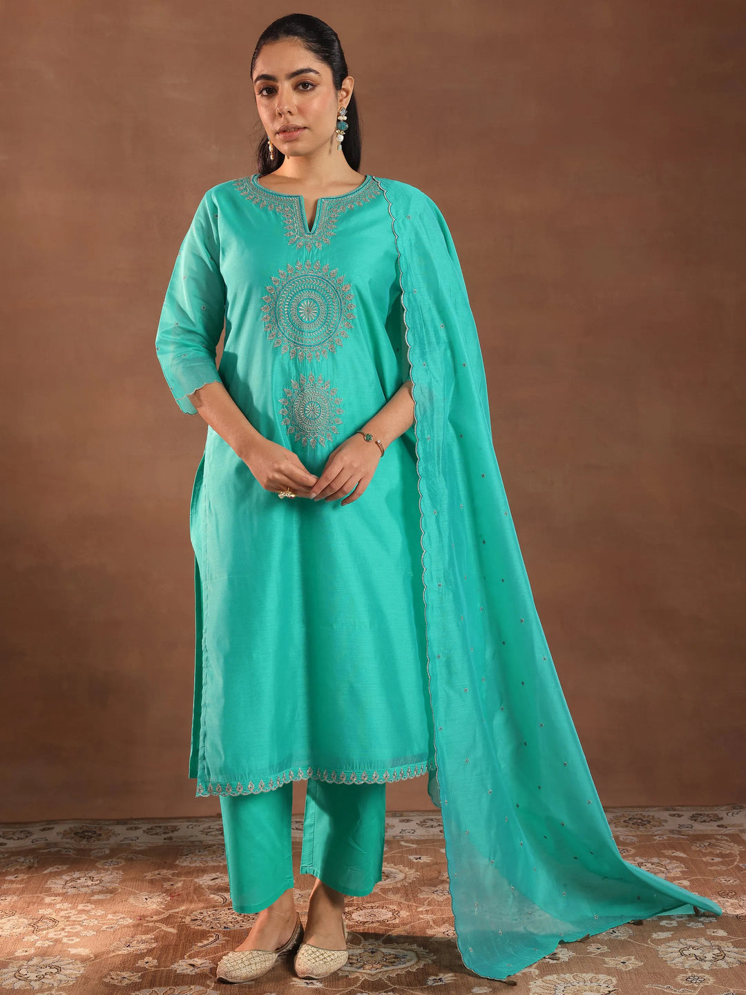  Turquoise Blue Embroidered Chanderi Silk Straight Suit With Dupatta 