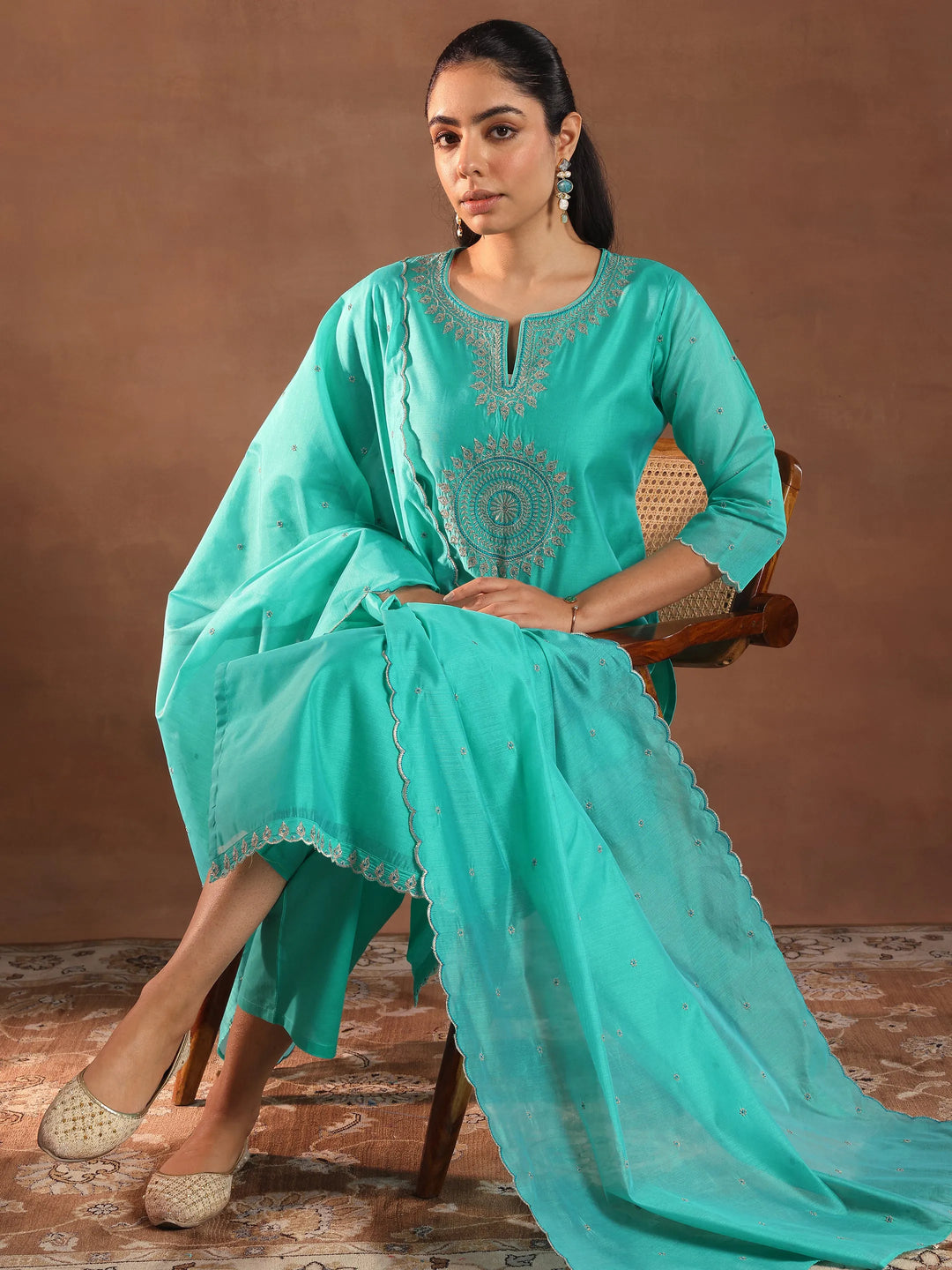  Turquoise Blue Embroidered Chanderi Silk Straight Suit With Dupatta 