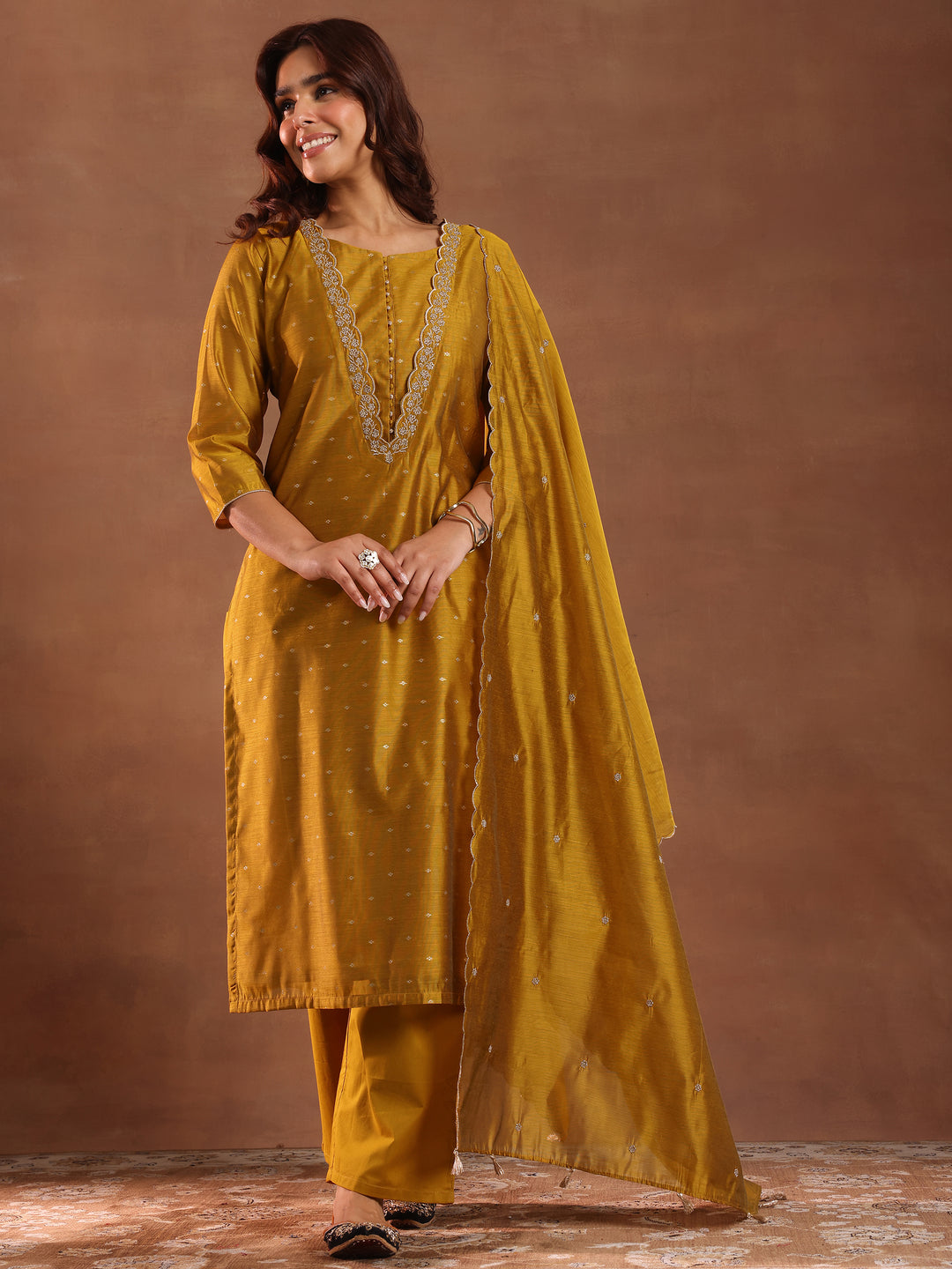  Mustard Woven Design Chanderi Silk Straight Suit With Dupatta 