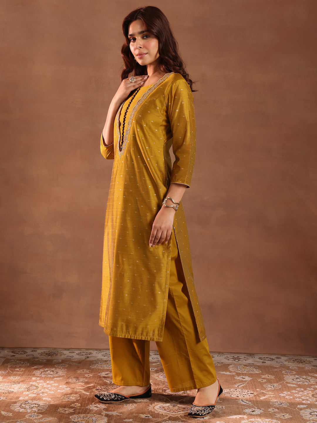  Mustard Woven Design Chanderi Silk Straight Suit With Dupatta 