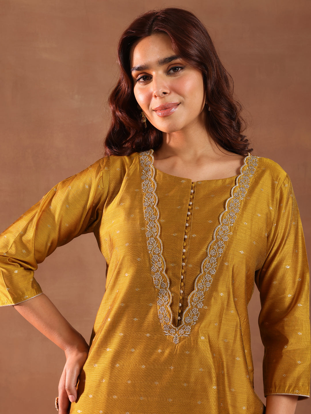  Mustard Woven Design Chanderi Silk Straight Suit With Dupatta 