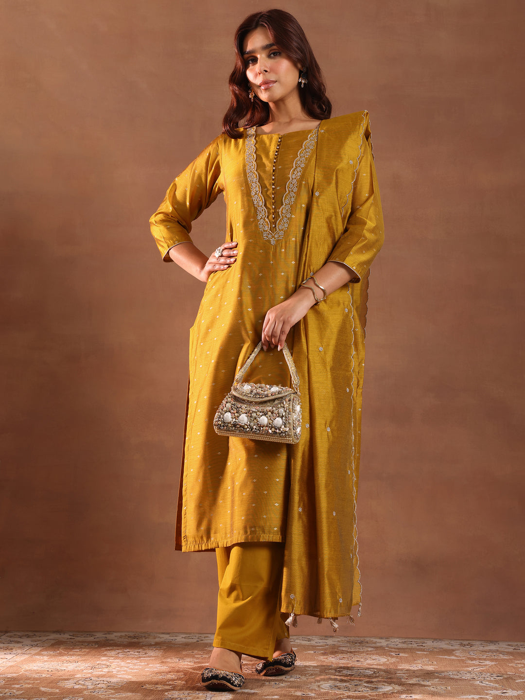  Mustard Woven Design Chanderi Silk Straight Suit With Dupatta 