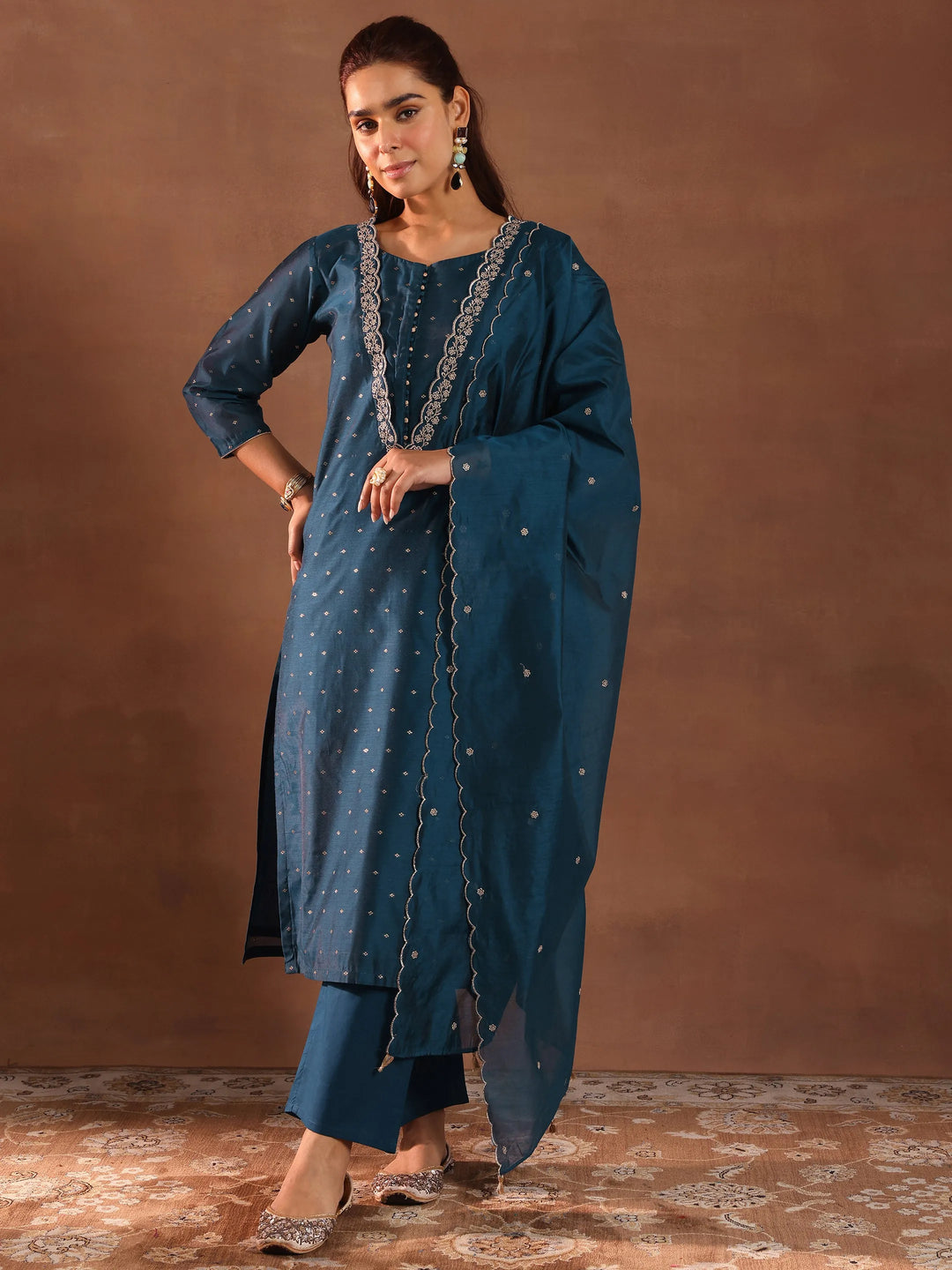  Teal Woven Design Chanderi Silk Straight Suit With Dupatta 