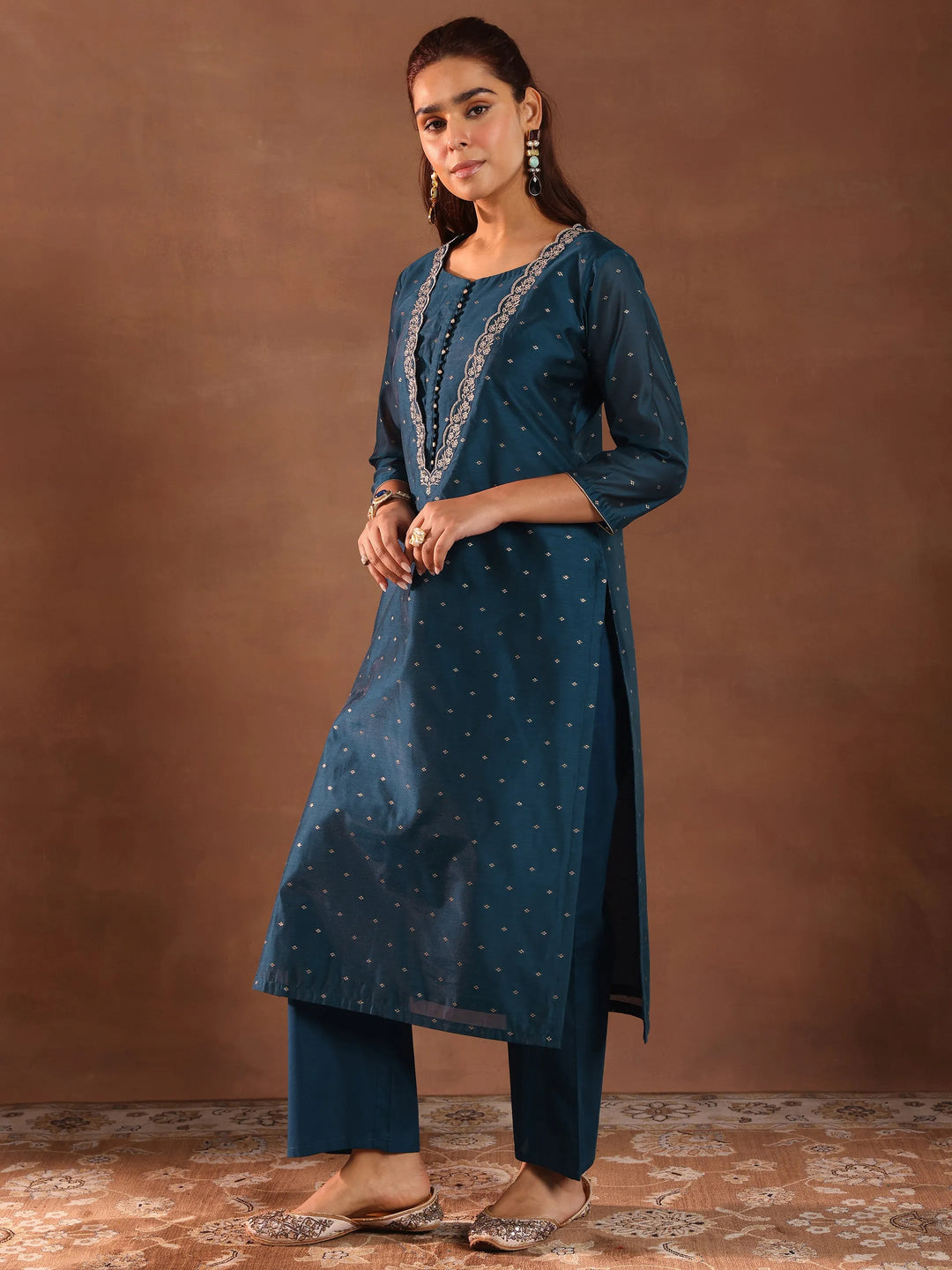  Teal Woven Design Chanderi Silk Straight Suit With Dupatta 