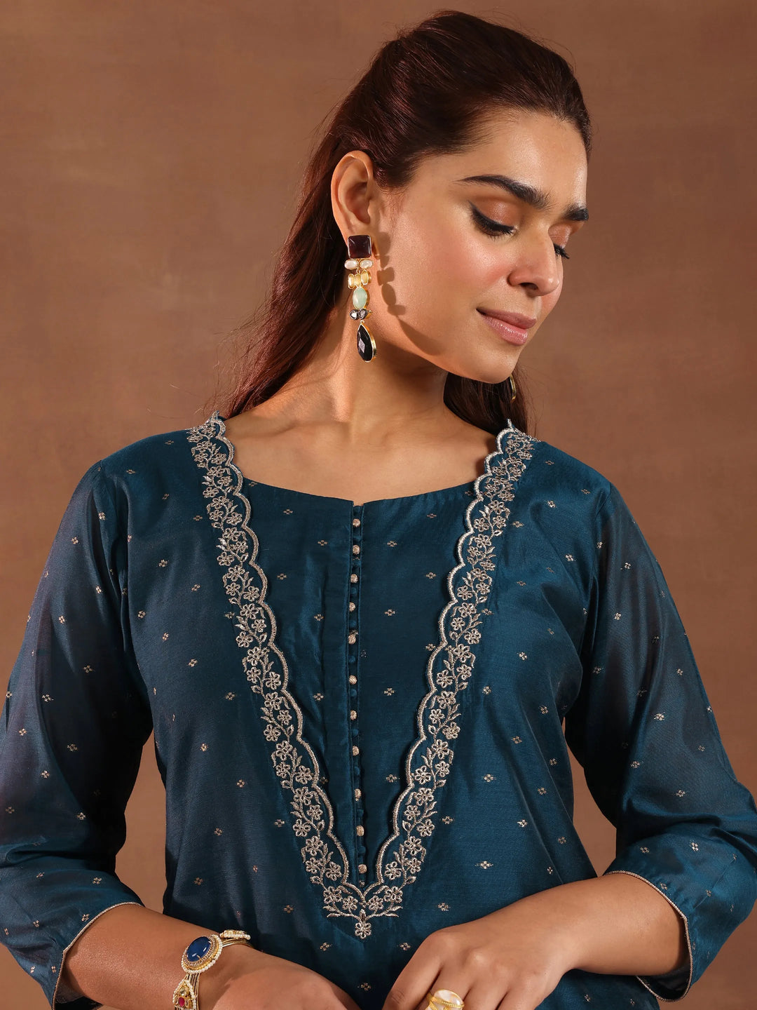  Teal Woven Design Chanderi Silk Straight Suit With Dupatta 