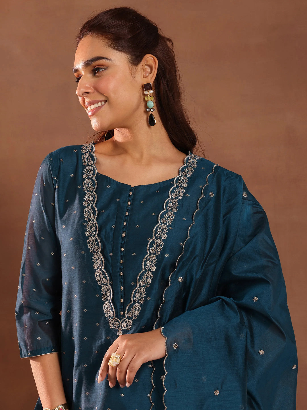  Teal Woven Design Chanderi Silk Straight Suit With Dupatta 