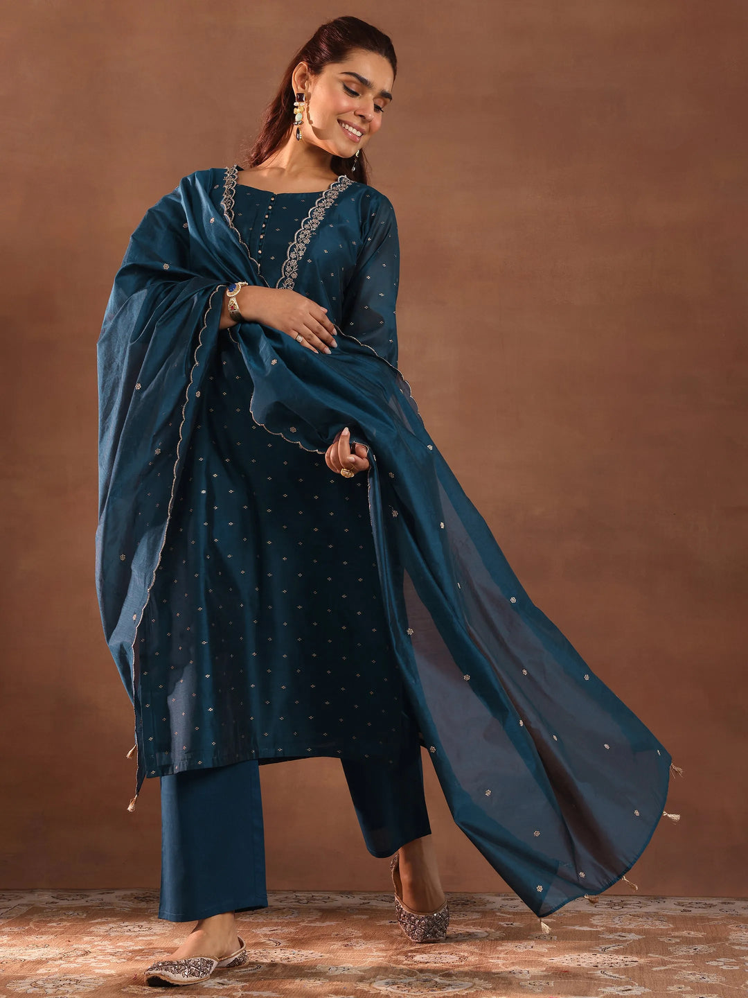  Teal Woven Design Chanderi Silk Straight Suit With Dupatta 