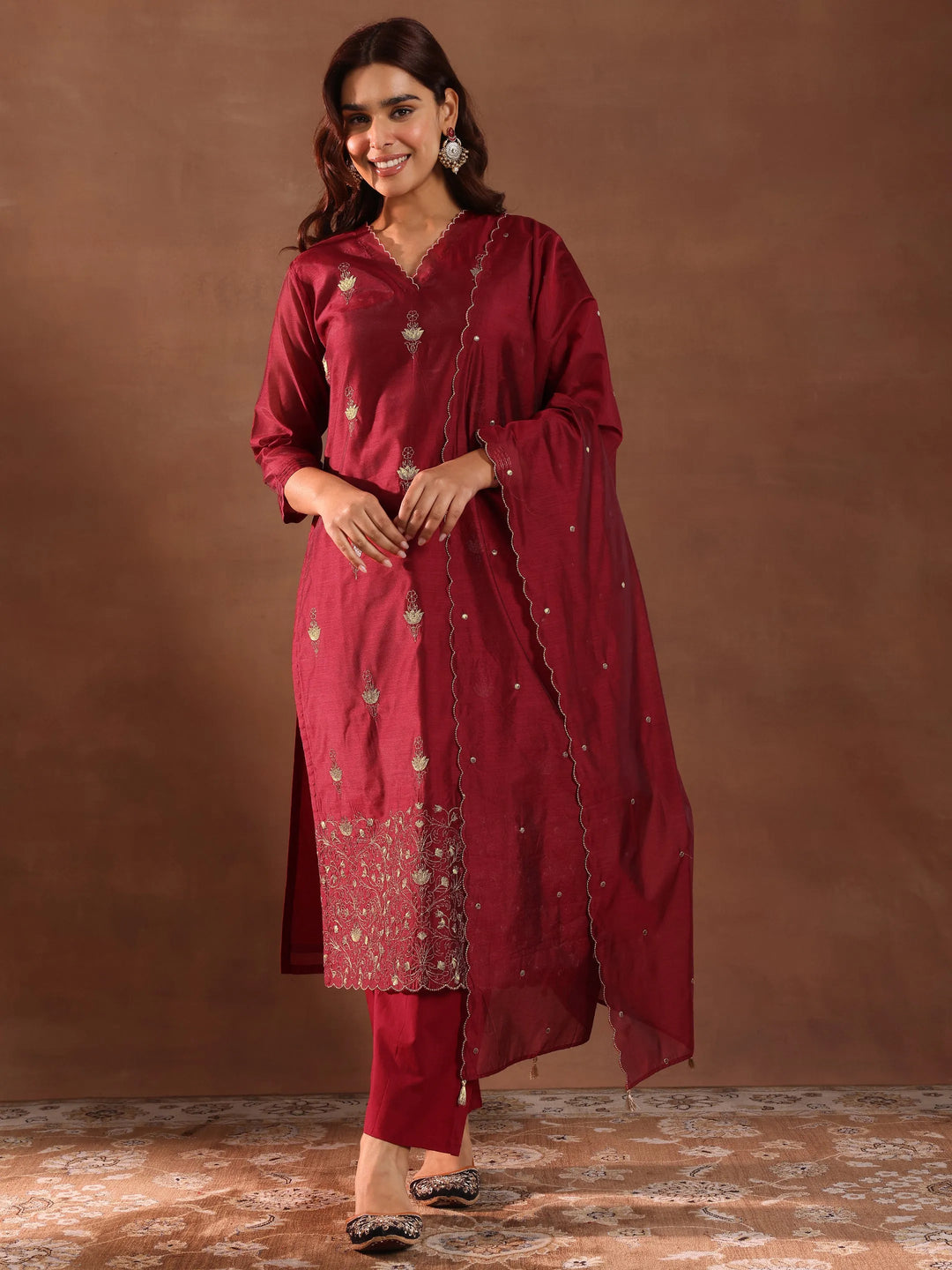  Maroon Embroidered Chanderi Silk Straight Suit With Dupatta 