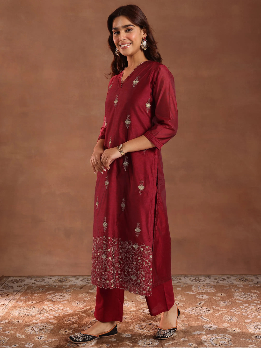  Maroon Embroidered Chanderi Silk Straight Suit With Dupatta 