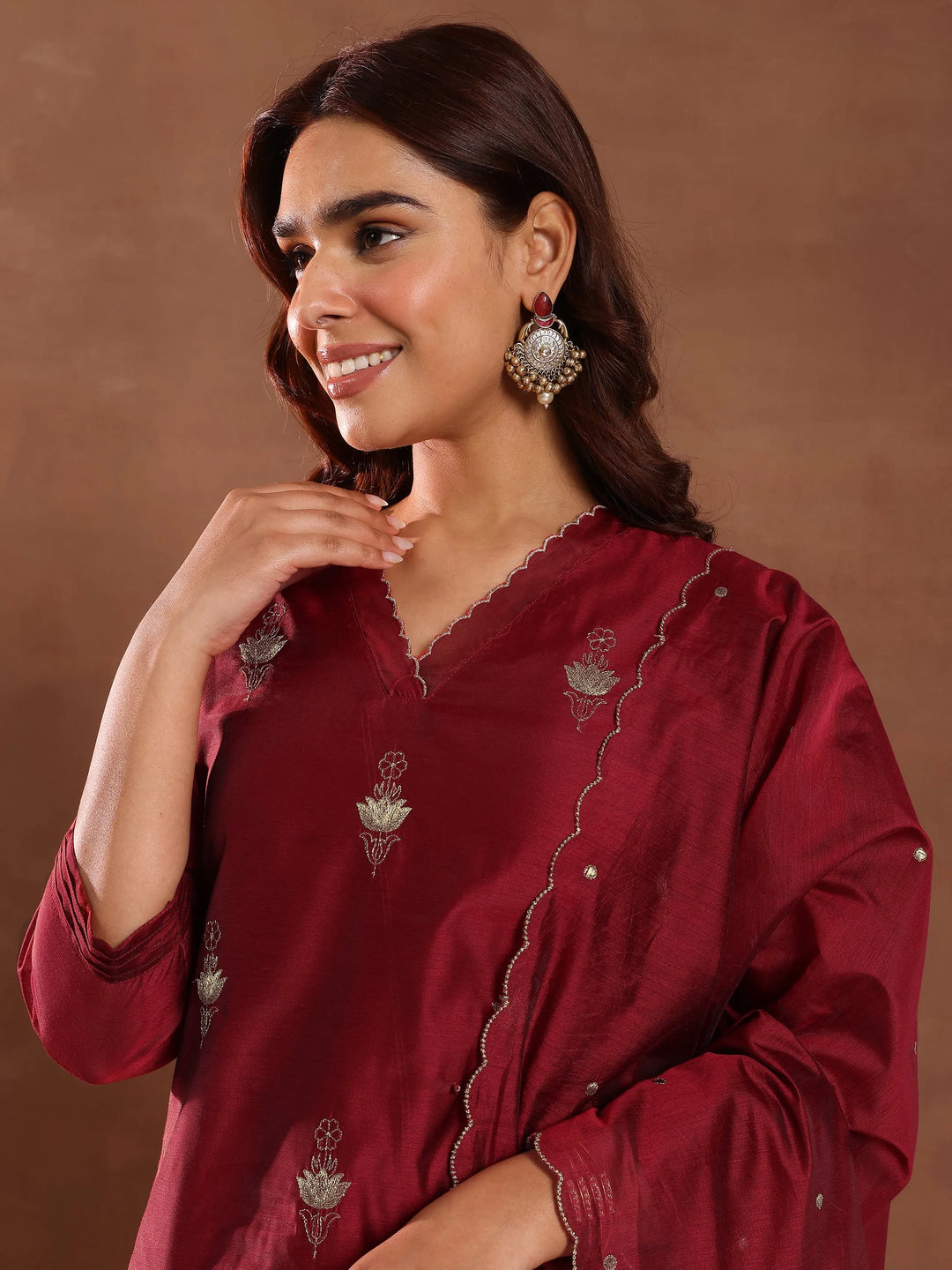  Maroon Embroidered Chanderi Silk Straight Suit With Dupatta 