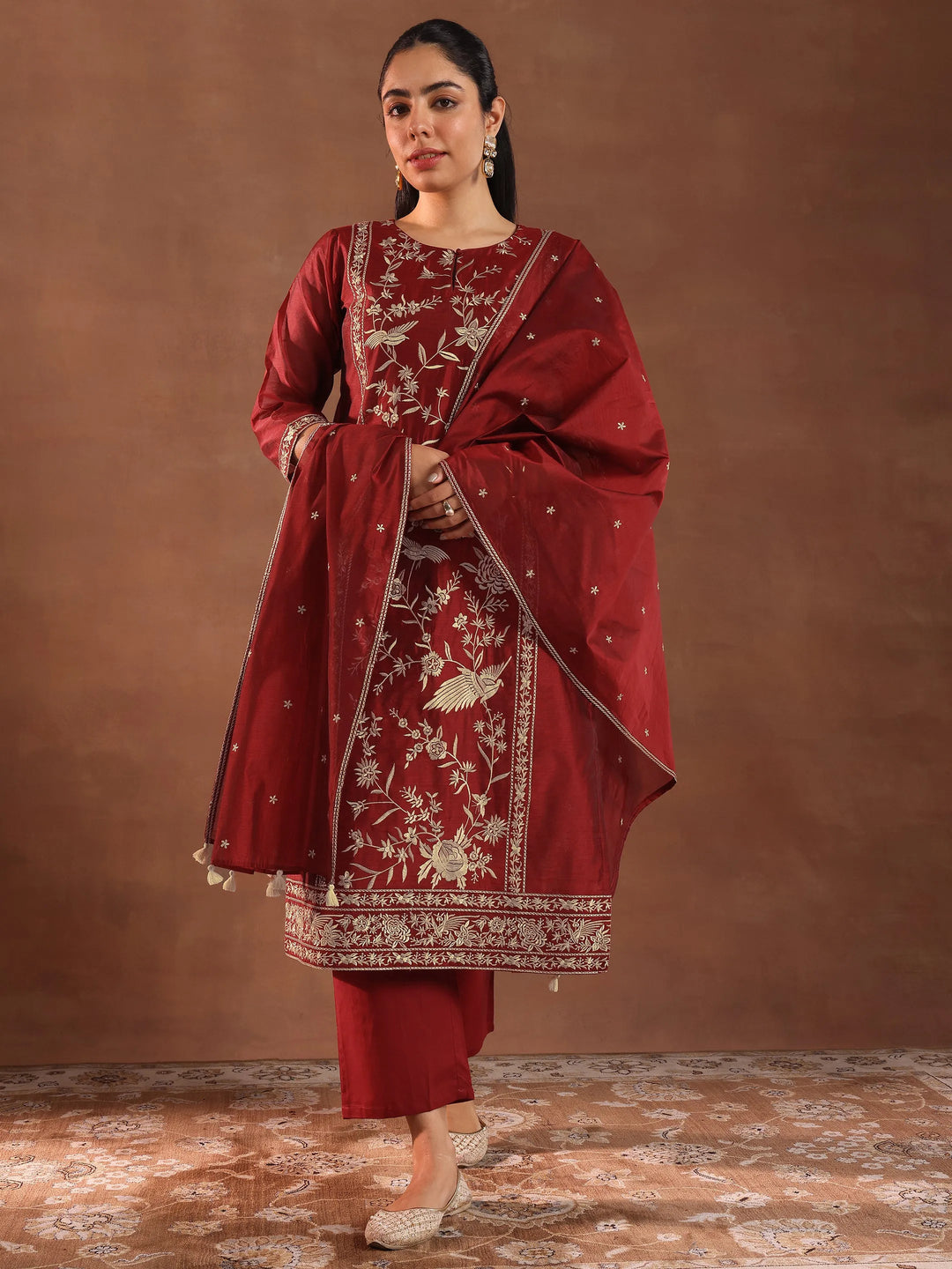  Maroon Embroidered Chanderi Silk Straight Suit With Dupatta 