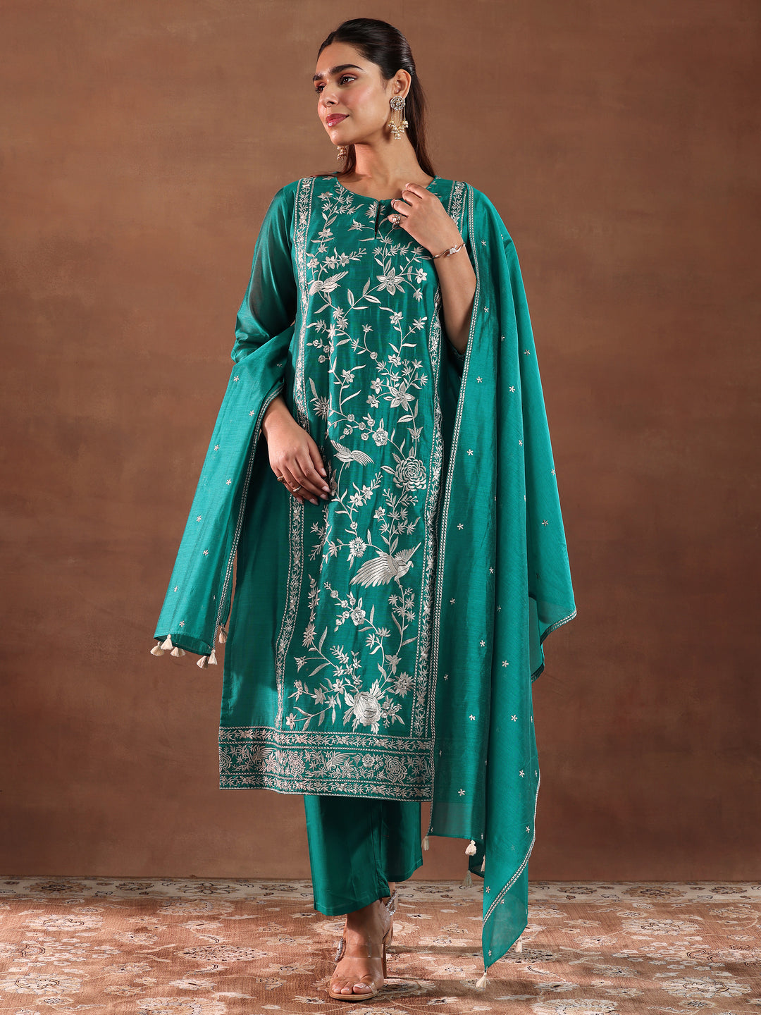  Teal Green Embroidered Chanderi Silk Straight Suit With Dupatta 