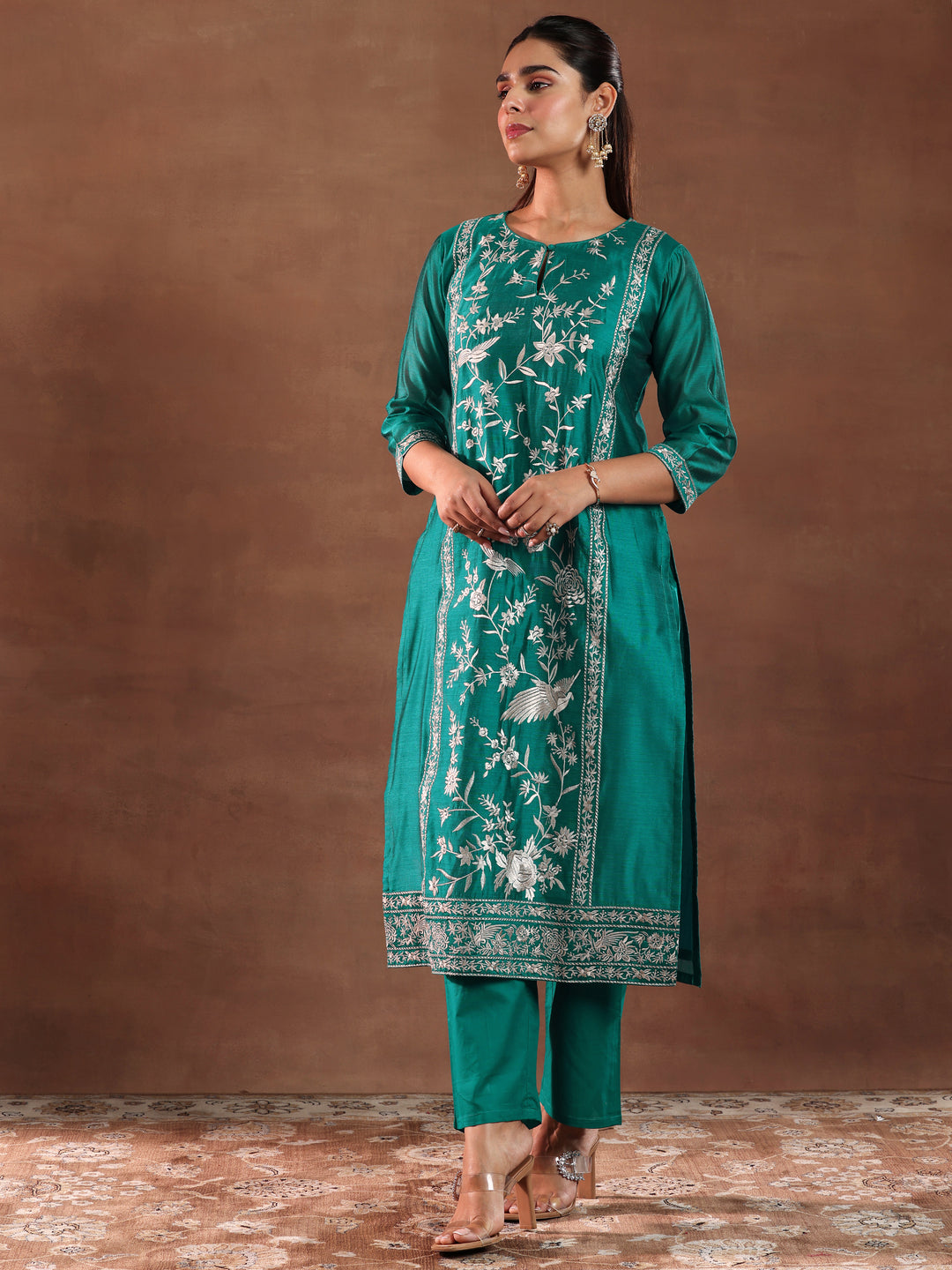  Teal Green Embroidered Chanderi Silk Straight Suit With Dupatta 