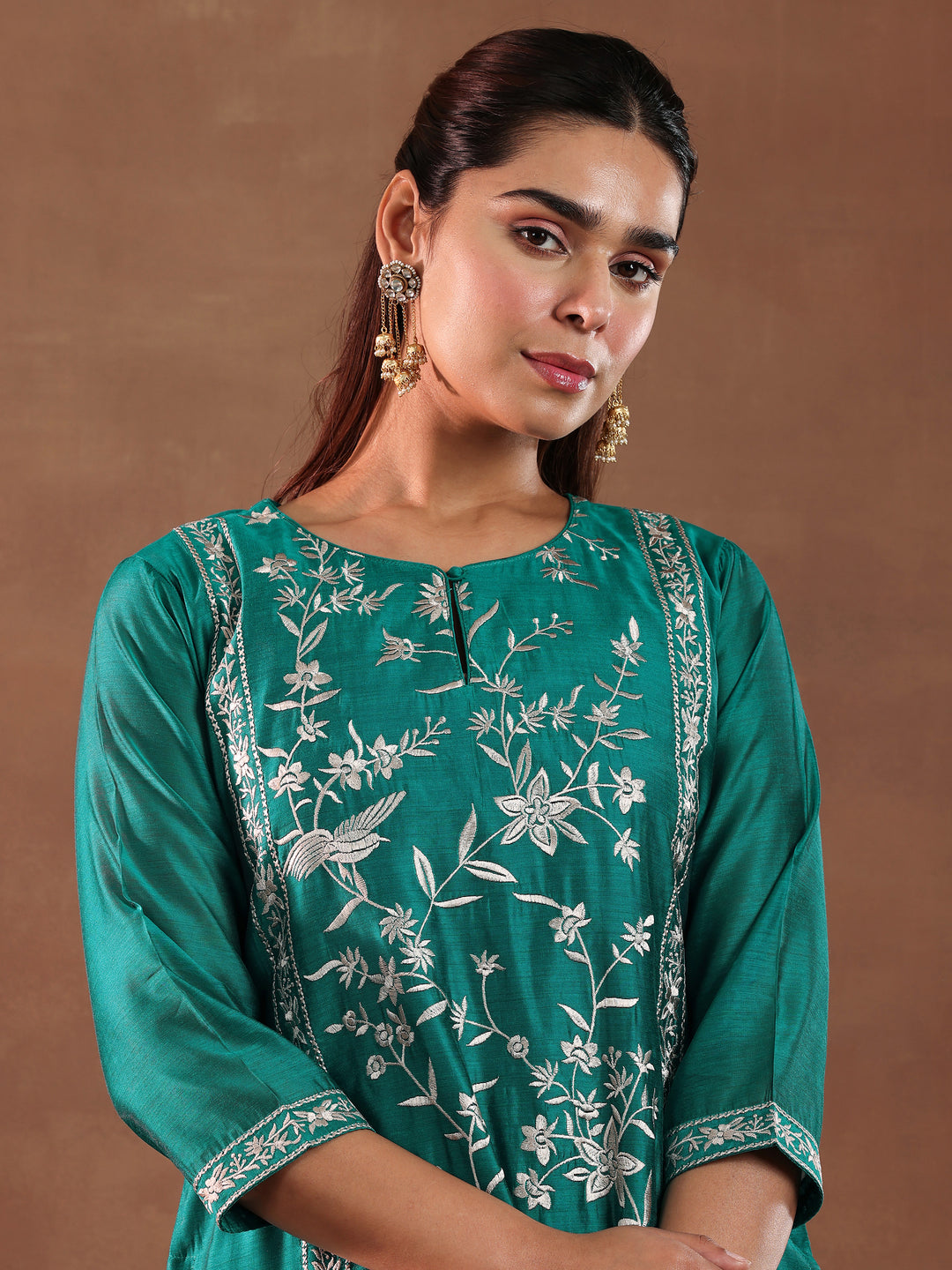  Teal Green Embroidered Chanderi Silk Straight Suit With Dupatta 