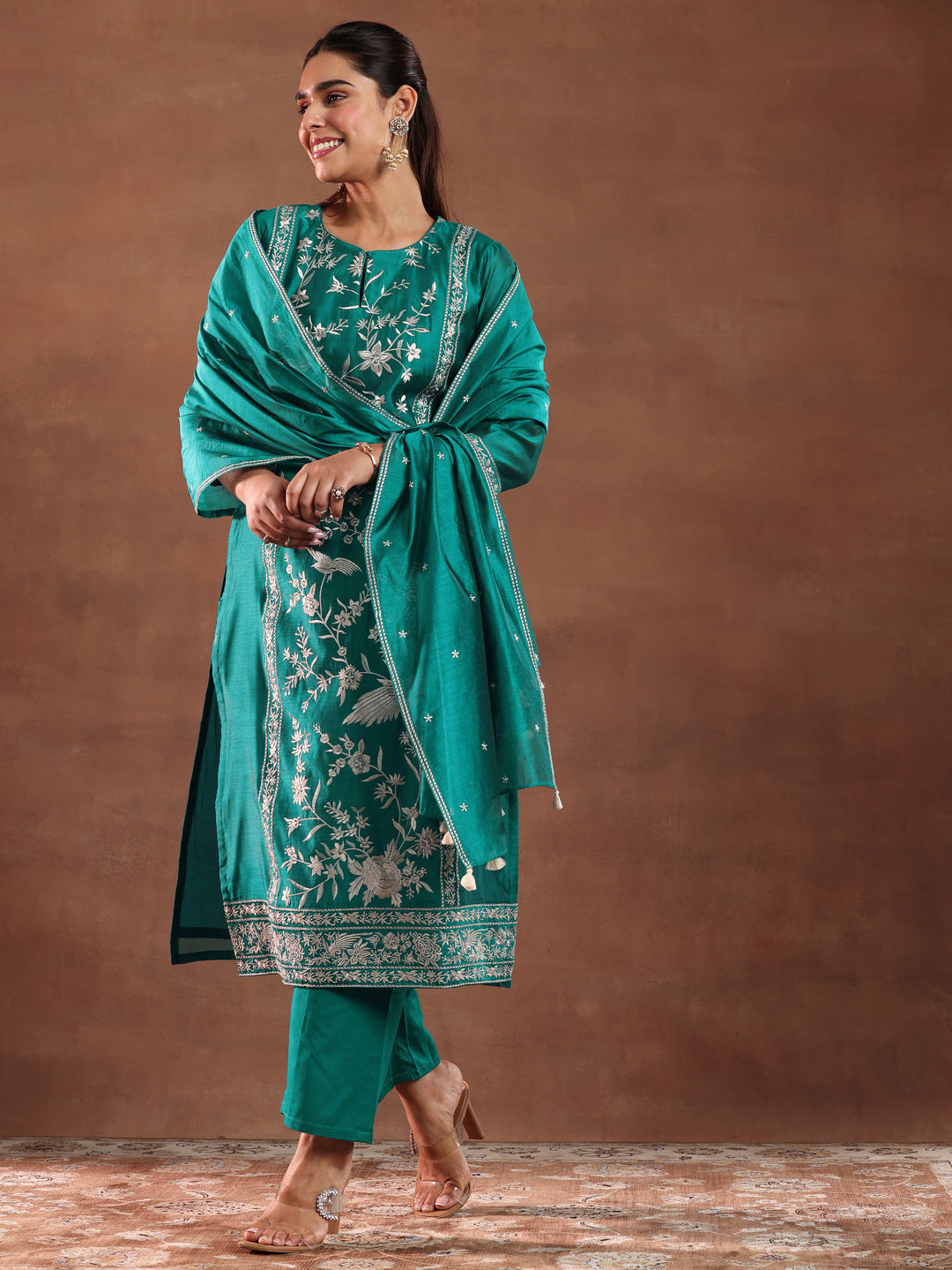 Teal Green Embroidered Chanderi Silk Straight Suit With Dupatta